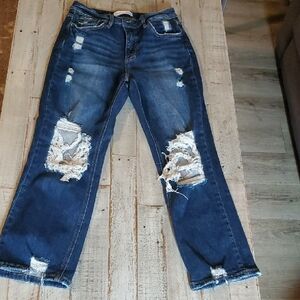 Distressed Dark Blue Women’s Jeans - Ripped Knee Detail